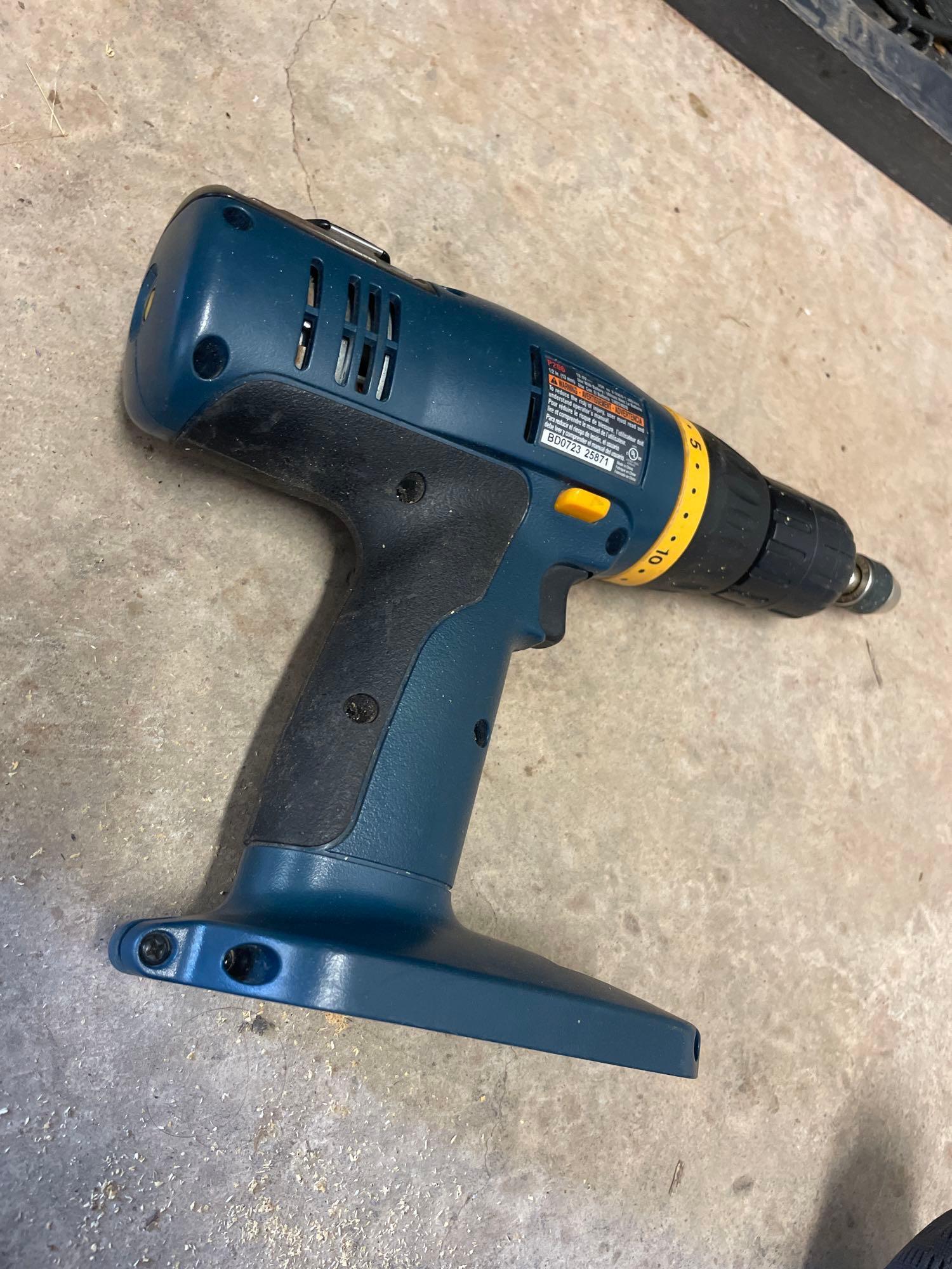 handsaw; power drill; battery charger; batteries