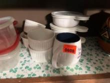 Coffee mug, oven proof bowls from Japan. Glad containers