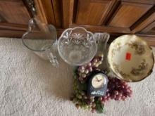 Crystal ware, artificial grapes, clock , bowl