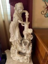 Lady pumping water statue 24 inches tall on stand stand is 29 1/2 inches tall 16 inches wide