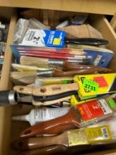 Assorted paintbrushes w/ misc items