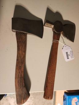 One wood handled hatchet and one wood handled hatchet hammer. Used.