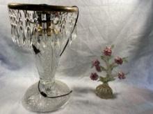 Ornate Cut Glass Base Lamp With Murano Glass Art Flower