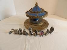 CAROUSEL WITH (9) PEWTER FIGURES. FIGURES MARKED HUDSON AND INCLUDE (2) MAGI, DONKEY, (3) SHEPHERDS,
