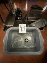 LOT OF STAINLESS WARMING INSERTS, LIDS AND BOTTLE RACK