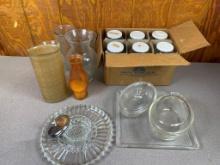 Relish Tray, Glass Casseroles, Vases, and More Glass