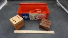 Plastic Container W/ Wooden Dice & Game, Figurines, Logs & Buildings