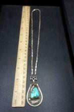 Vintage Navajo Pendant Sterling W/ Large Turquoise Stone - Marked S.H.T.