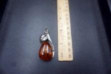 Sterling Silver & Amber Pendant - Marked 925