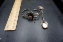 2 Silver Bracelets - Inlay Abalone Shell Broken Bracelet & Ring W/ Pink Stone