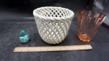 Basket Planter, Blue Paperweight & Glass Vase