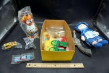 Toy Gun, Toy Vehicles, Blue Bonnet Doll, Clown, Glasses, Mini Jars, Corn Cob Holders