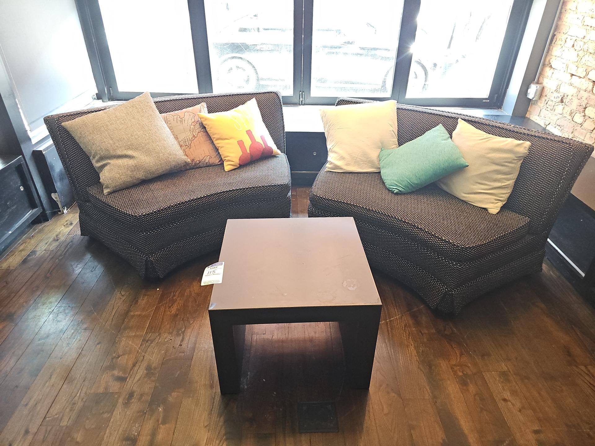 Half moon couches with 2' x 2' metal table