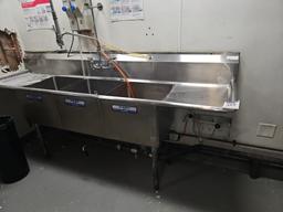 Stainless steel three compartment sink with pre rinse 91" x 24"