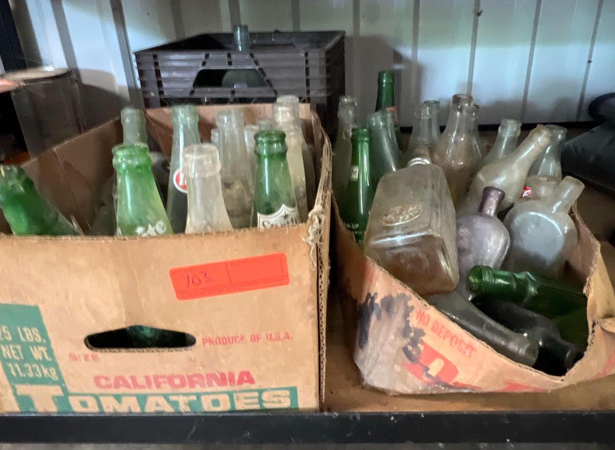 Lot of Antique Dr Pepper Bottles, Whiskey Bottles, etc.