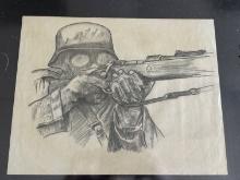 Original Pencil Drawing WWII of German Soldier with Rifle.