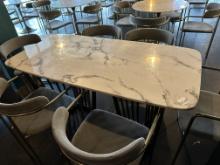 63.25"W x 30.5"D x 29.5"H White Marble Top Double Gold Metal Base Dining Table