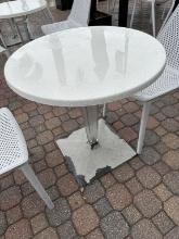 27.25" Round x 29"H White Resin Outdoor Table Clear Plexiglas Square Metal Base 
