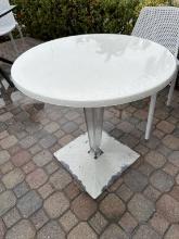 23.25" Round x 29"H White Resin Outdoor Table Clear Plexiglas Square Metal Base 