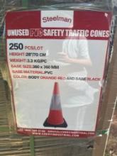 QUANTITY OF 250 UNUSED PVC SAFETY TRAFFIC CONES 28 INCH TALL