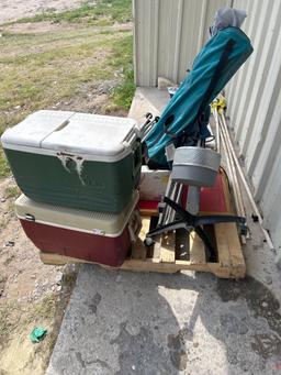 Canopy, outdoor folding chair, ice chests, chemistry equipment