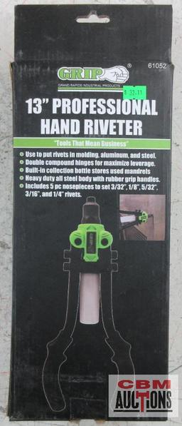 Grip 61052 13" Professional Hand Riveter Includes: 5pc nosepieces to set 3/32", 1/8", 5/32", 3/16" &