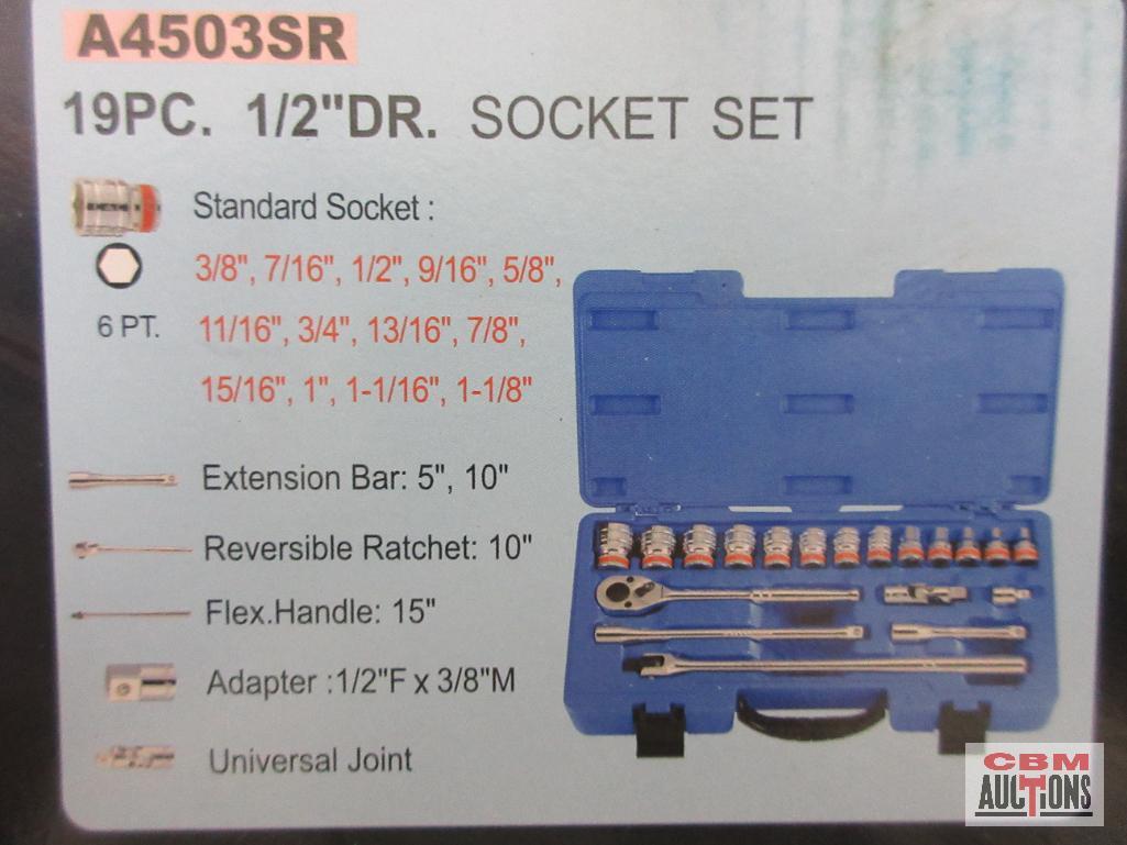 KT PRO A4503SR 19pc SAE 1/2" Dr. Socket Set... w/ Molded Storage Case... SAE Sockets 3/8" to 1-1/8" 