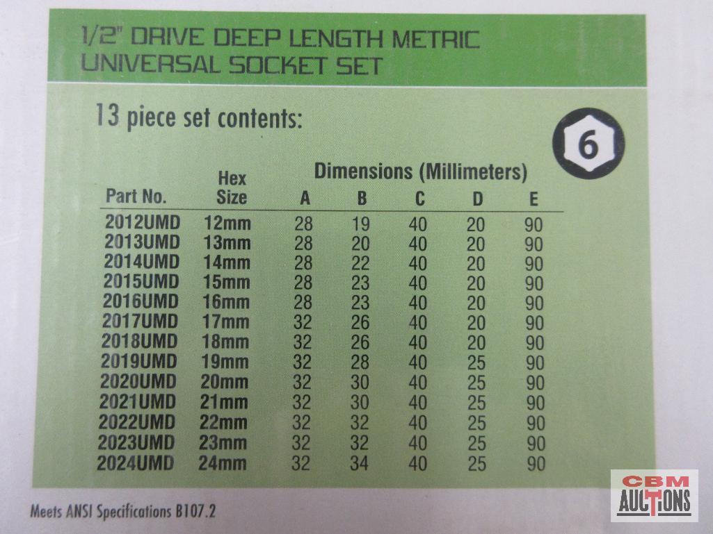 Grey Pneumatic 1313UMD 13pc 1/2" Drive Deep Length Metric Universal Socket Set (12mm to 24mm) w/