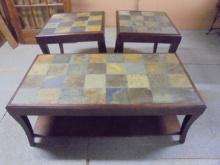 3pc Solid Wood Coffee & End Table Set w/ Slate Inlayed Top