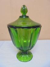 Vintage Green Glass Covered Candy Dish