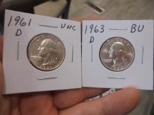 1961 D Mint & 1963 D Mint Silver Washington Quarters