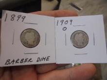 1899 & 1909 O  Mint Silver Barber Dimes