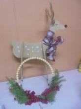 Wooden Reindeer & Decorative Wreath