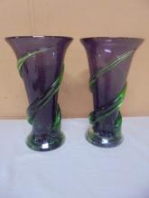 Matching Pair of Beautiful Purple & Green Art Glass Vases