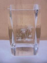 Crystal Paperweight w/Palm Trees & Flamingo