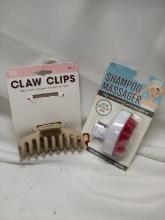 2Pc Womens Hair Lot- Shampoo Massager, Claw Clip