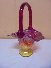 Beautiful Fenton Red Orange Irisecent Art Glass Basket