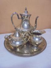 Beautiful Vintage Silver Plate Coffee Pot-Creamer-Sugar-Tray
