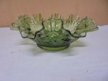 Vintage Fenton Colonial Green Cabbage Rose Double Ruffled Bowl