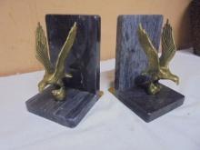 Set of Vintage Marble Bookends w/ Brass Eagles