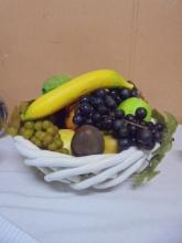 Round Ceramic Basket Bowl Filled w/ Artificial Fruit