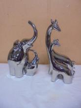 3pc Group of Mama & Baby Elephant & Giraffe Statues