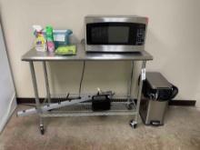 Stainless Steel Cart, Microwave, Trash Can