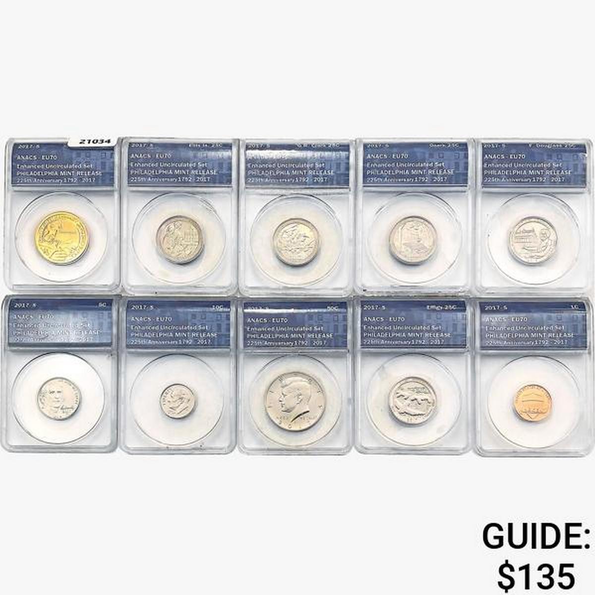 2017-S [10] US Varied 225th ANNIV. Set ANACS EU70