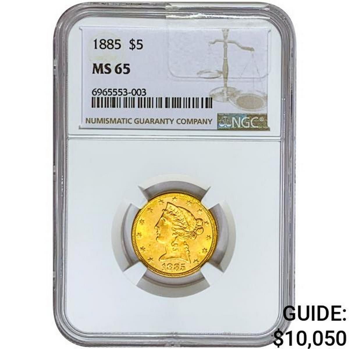 1885 $5 Gold Half Eagle NGC MS65