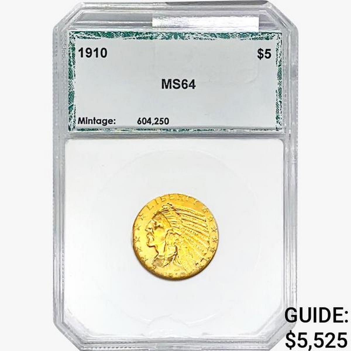 1910 $5 Gold Half Eagle PCI MS64