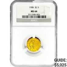 1908 $2.50 Gold Quarter Eagle NGC MS64