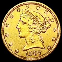 1907 $5 Gold Half Eagle CLOSELY UNCIRCULATED