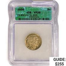 1930 Buffalo Nickel ICG VF25 DDR 5 Leg FS #5C-017.