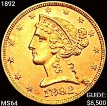 1892 $5 Gold Half Eagle CHOICE BU